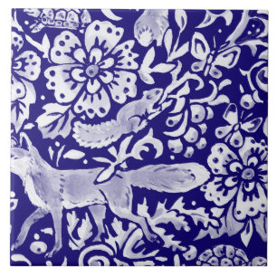 Navy Blue Woodland MURAL Animal Fox Bottom Right Ceramic Tile