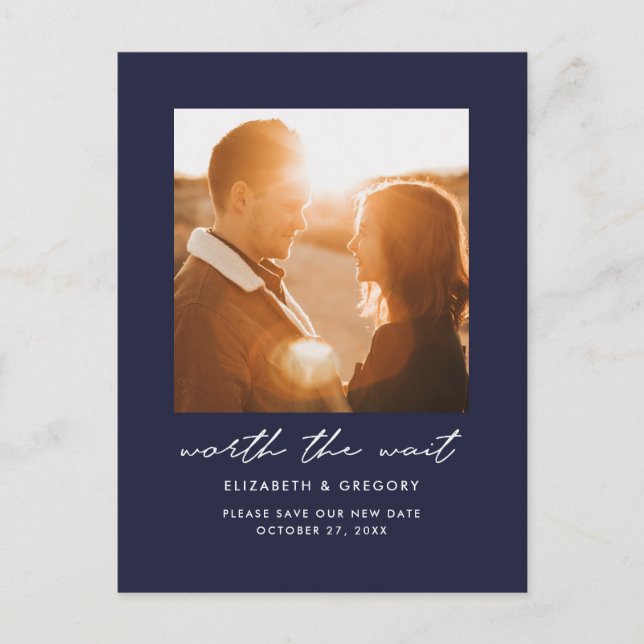 Navy Blue Worth the Wait Wedding Change the Date Announcement Postcard (Front)