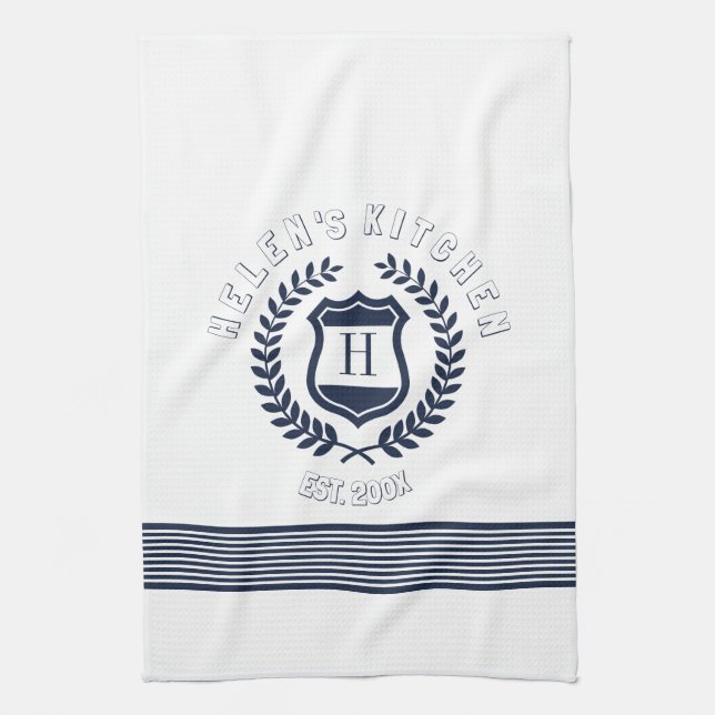 Navy Blue Wreath And Stripes Design Monogram Tea Towel (Vertical)