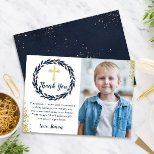 Navy Blue Wreath Gold Communion Thank you Card