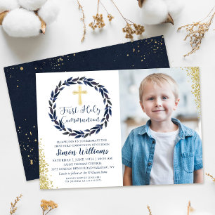 Navy Blue Wreath Gold First Holy Communion Photo Invitation