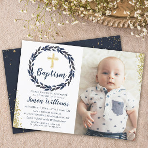 Navy Blue Wreath Gold Glitter Boy Baptism Photo Invitation