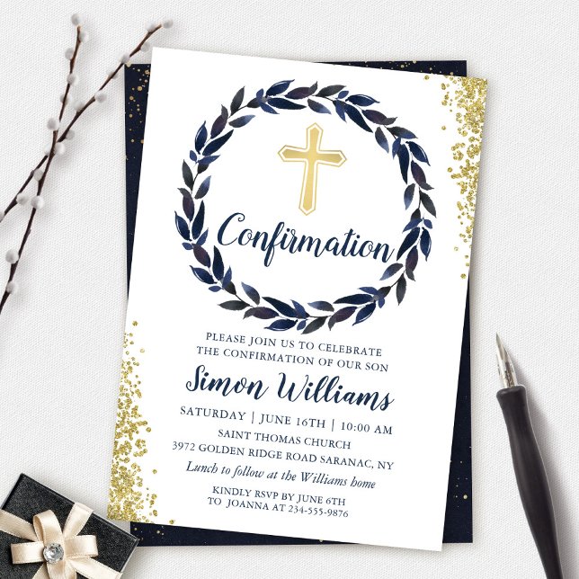 Navy Blue Wreath Gold Glitter Confirmation Invitation (Creator Uploaded)