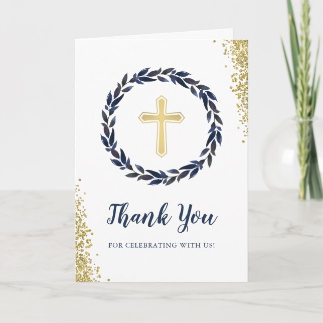 Navy Blue Wreath Gold Glitter Confirmation Photo Thank You Card (Front)