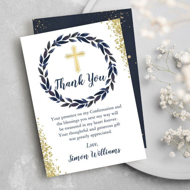 Navy Blue Wreath Gold Glitter Confirmation Thank You Card (Creator Uploaded)