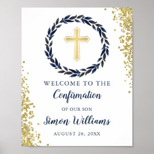 Navy Blue Wreath Gold Glitter Confirmation Welcome Poster