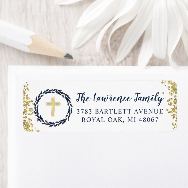 Navy Blue Wreath Gold Religious Return Address Label (Insitu)