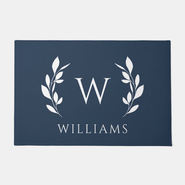 Navy Blue Wreath Initial Monogram Last Name Doormat (Front)