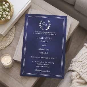 Navy blue wreath monogram simple wedding  invitation