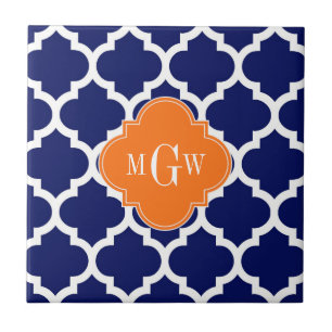 Navy Blue Wt Chevron Pumpkin Quatrefoil 3 Monogram Ceramic Tile