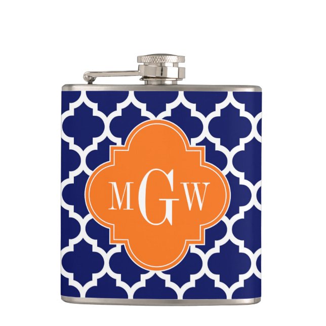 Navy Blue Wt Chevron Pumpkin Quatrefoil 3 Monogram Hip Flask (Front)