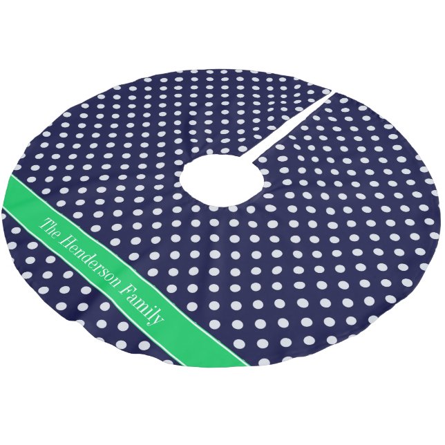 Navy Blue Wt Polka Dot Emerald Green Name Monogram Brushed Polyester Tree Skirt (Angled)