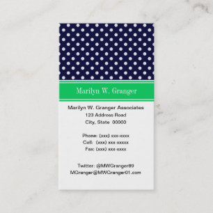 Navy Blue Wt Polka Dot Emerald Green Name Monogram Business Card