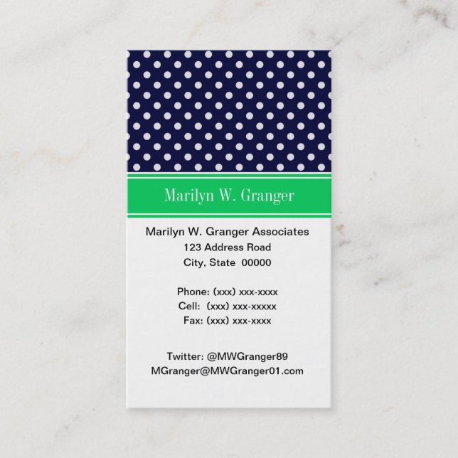 Navy Blue Wt Polka Dot Emerald Green Name Monogram Business Card (Front)