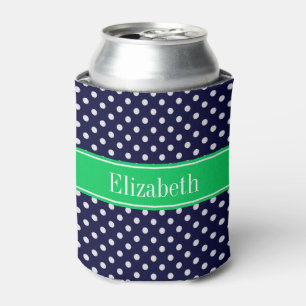 Navy Blue Wt Polka Dot Emerald Green Name Monogram Can Cooler