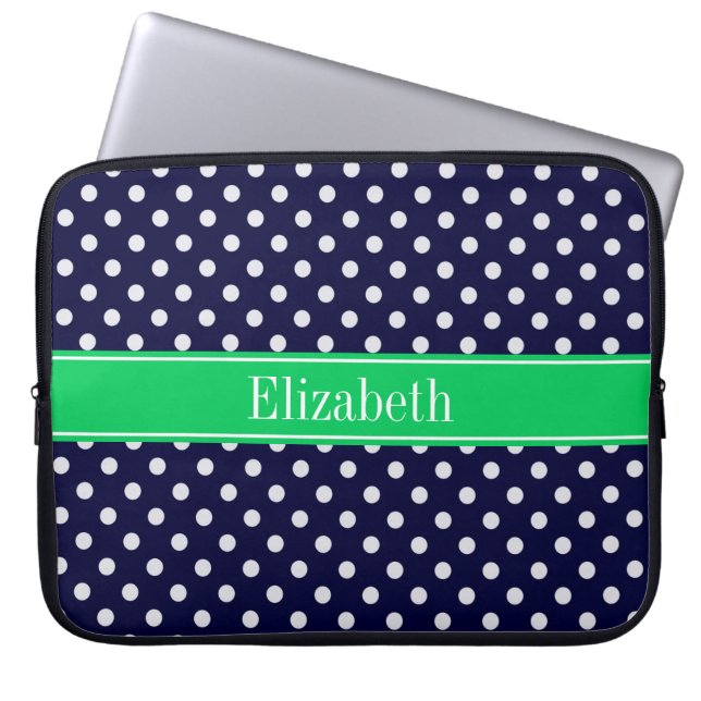 Navy Blue Wt Polka Dot Emerald Green Name Monogram Laptop Sleeve (Front)