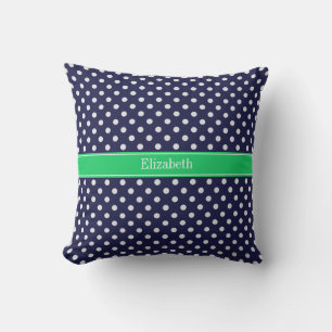 Navy Blue Wt Polka Dot Emerald Green Name Monogram Outdoor Cushion