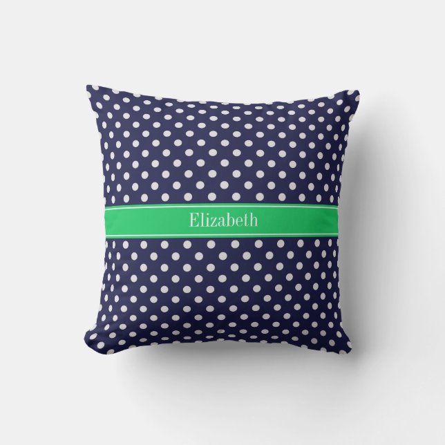 Navy Blue Wt Polka Dot Emerald Green Name Monogram Outdoor Cushion (Front)