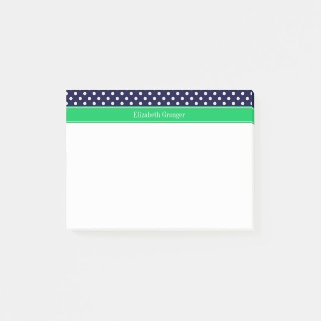 Navy Blue Wt Polka Dot Emerald Green Name Monogram Post-it Notes (Front)
