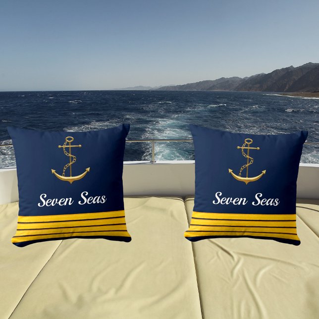 Navy blue yacht boat gold anchor captain stripes cushion (Creator Uploaded)