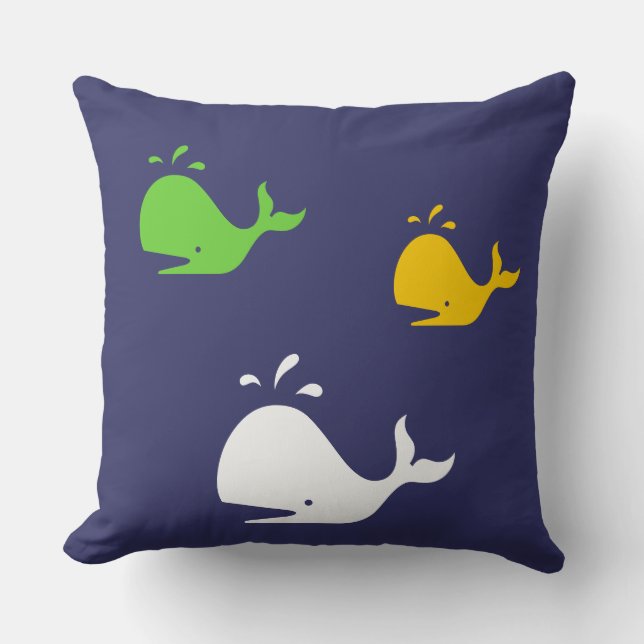 navy blue, yellow and green whales on white cushion (Front)