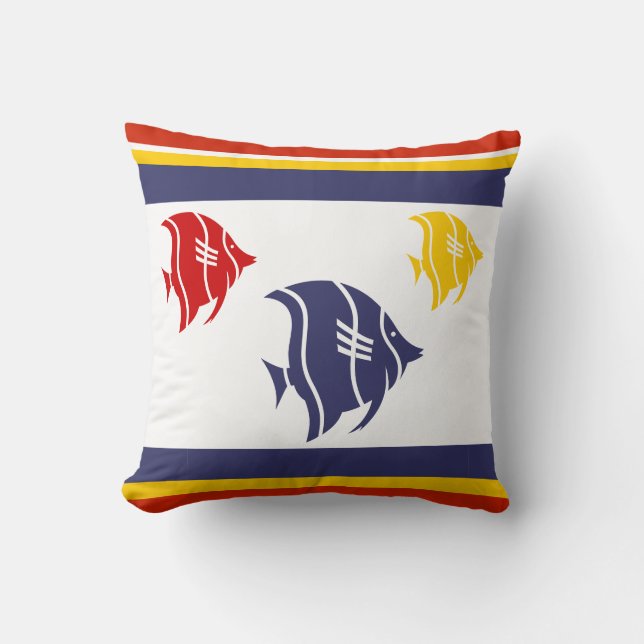 navy blue, yellow, and red fish on white cushion (Front)