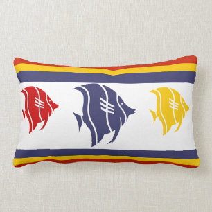 navy blue, yellow, and red fish on white lumbar cushion
