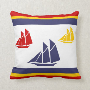navy blue, yellow, and red sailboat white PILLOW