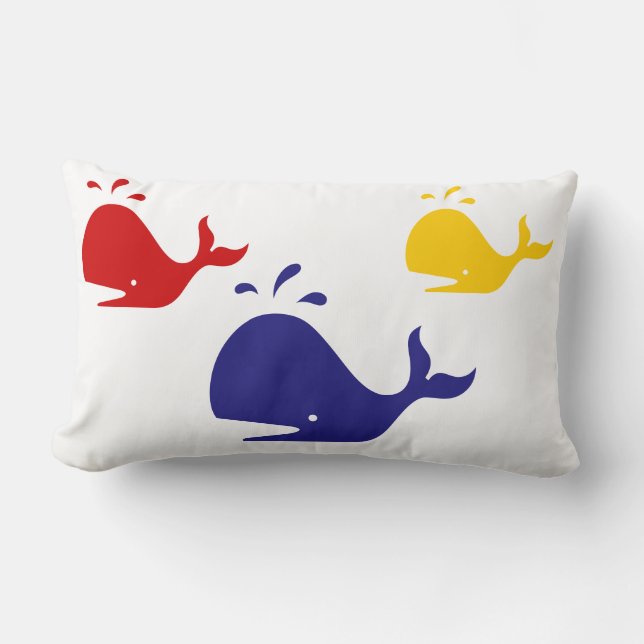 navy blue, yellow, and red whales on white lumbar cushion (Front)