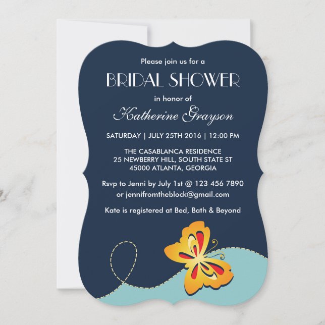 Navy Blue Yellow Butterfly Shower Invitation (Front)