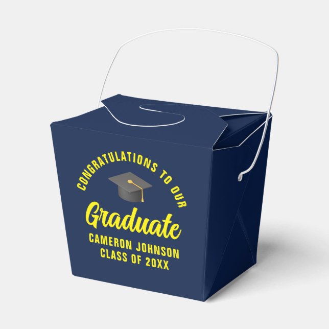 Navy Blue Yellow Custom Graduation Party Fortune Favour Box (Front Side)