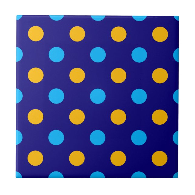 Navy Blue Yellow Cyan Polka Dots Design  Ceramic Tile (Front)