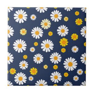 Navy Blue Yellow Daisy Floral Simple Retro Pattern Ceramic Tile
