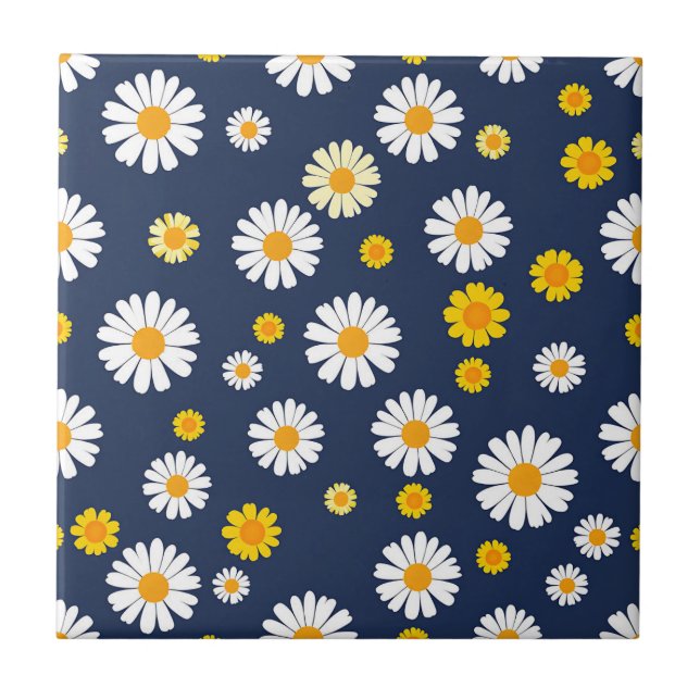Navy Blue Yellow Daisy Floral Simple Retro Pattern Ceramic Tile (Front)