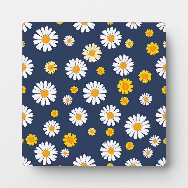 Navy Blue Yellow Daisy Floral Simple Retro Pattern Plaque (Front)