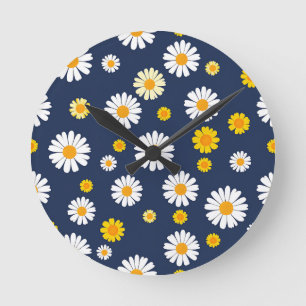 Navy Blue Yellow Daisy Floral Simple Retro Pattern Round Clock