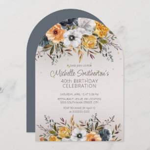 Navy Blue Yellow Floral Glitter 40th Birthday Invitation