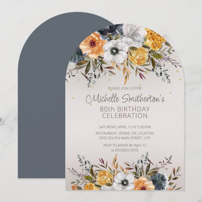 Navy Blue Yellow Floral Glitter 80th Birthday Invitation (Front/Back)