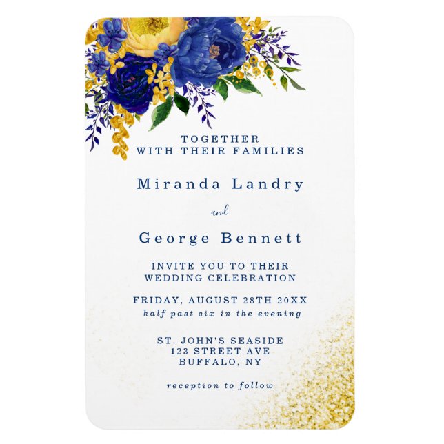 Navy Blue Yellow Floral Gold Wedding Invite Magnet (Vertical)