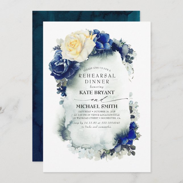 Navy Blue Yellow Floral Modern Rehearsal Dinner Invitation (Front/Back)