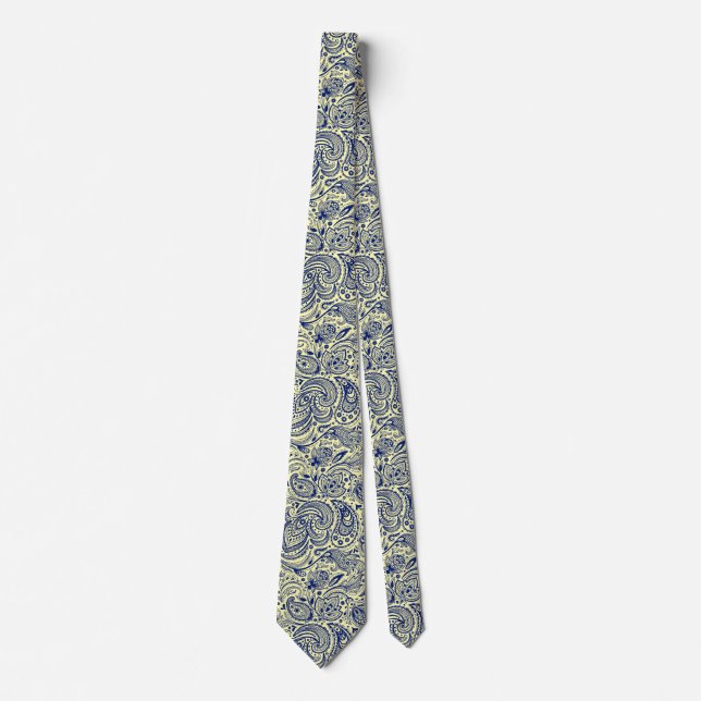 Navy Blue & Yellow Floral Paisley Pattern Tie (Front)