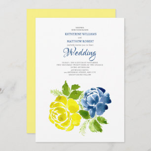 Navy Blue Yellow floral Summer Wedding  Invitation