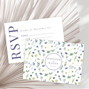 Navy blue yellow flower garden wedding RSVP cards