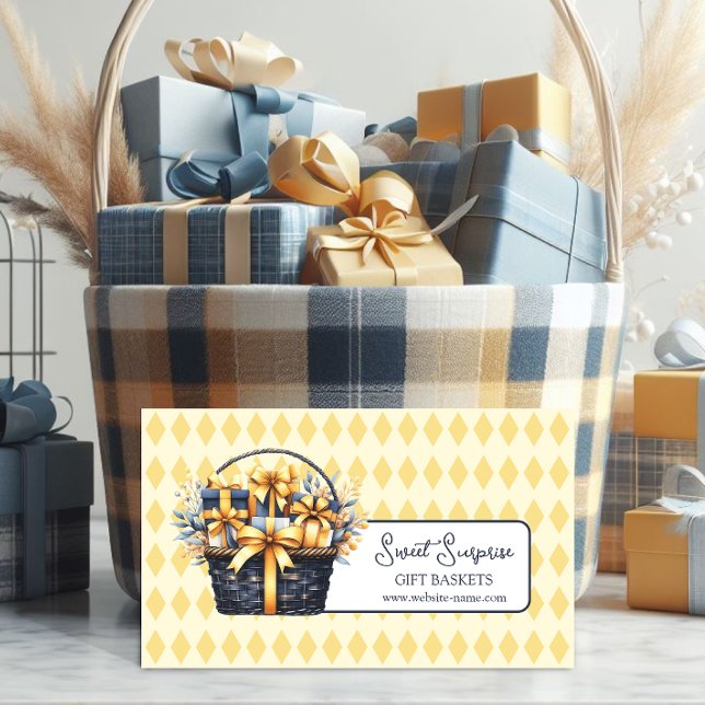 Navy Blue Yellow Gift Basket Business Card (Promote your home-based gift basket business with these elegant business cards.)