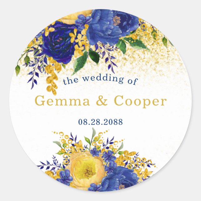Navy Blue Yellow Gold Paint Floral Wedding Classic Round Sticker (Front)