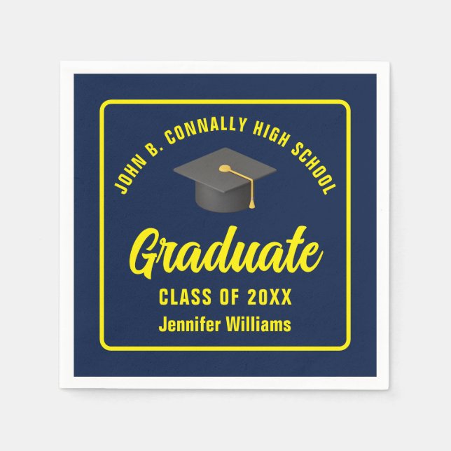 Navy Blue Yellow Graduate Custom Graduation Party Napkin (Front)