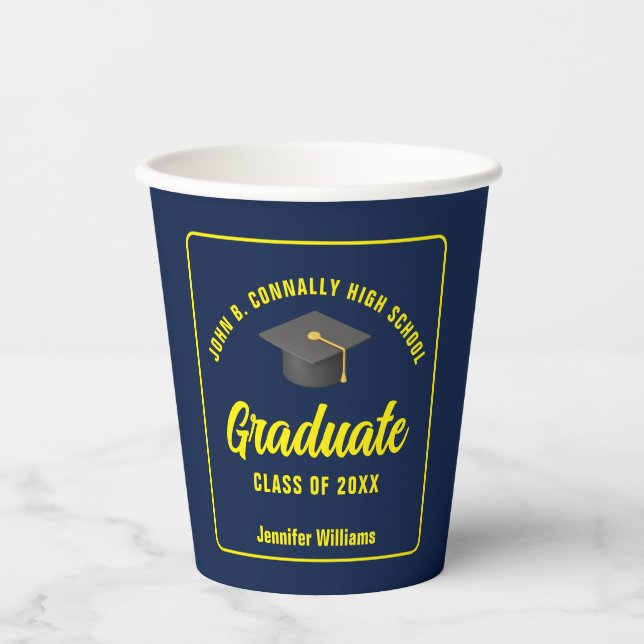 Navy Blue Yellow Graduate Custom Graduation Party Paper Cups (Front)