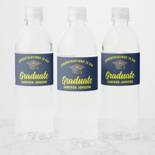Navy Blue Yellow Graduate Custom Graduation Party Water Bottle Label