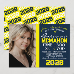 Navy Blue & Yellow Graduation Photo Invitation
