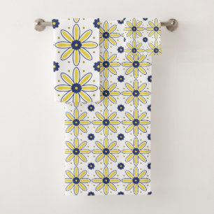Navy Blue & Yellow Mediterranean Daisy Bath Towel Set
